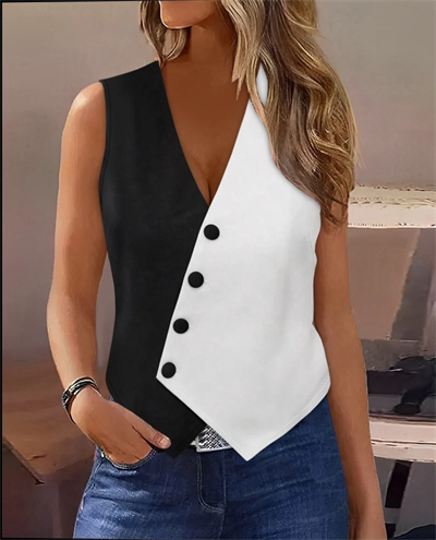 Kadın Sıfır Kol V Yakalı Düğmeli Blok Renkli Atlas Yelek