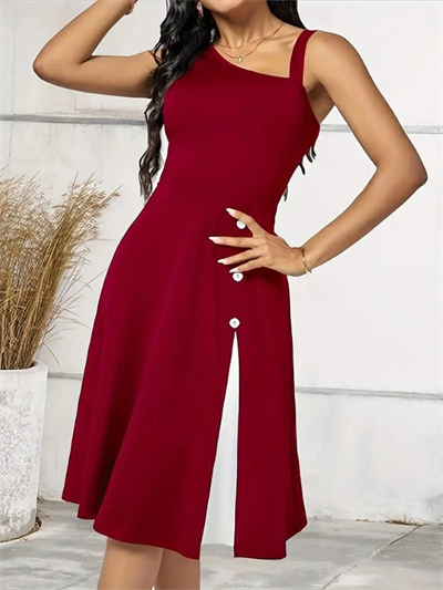 Kadın Tek Omuzu şerit Detaylı Kolsuz Yandan Düğme Detaylı Viskon Elbise