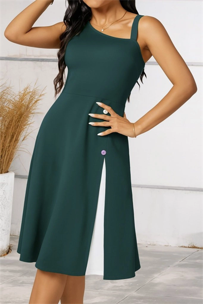 Kadın Tek Omuzu şerit Detaylı Kolsuz Yandan Düğme Detaylı Viskon Elbise