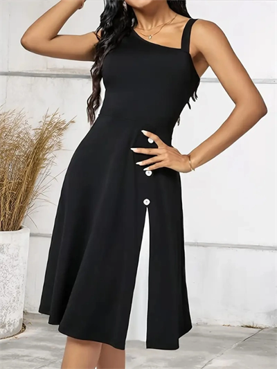 Kadın Tek Omuzu şerit Detaylı Kolsuz Yandan Düğme Detaylı Viskon Elbise