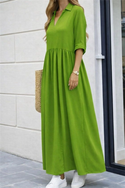 Kadın Truvakar Kollu V Yakalı Yırtmaçlı Uzun Aerobin Elbise