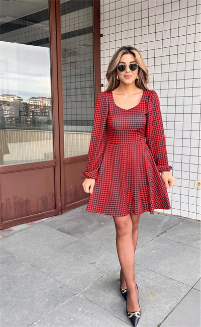Kadın Uzun Kollu Kare Kalp Yakalı Mini Modal Elbise