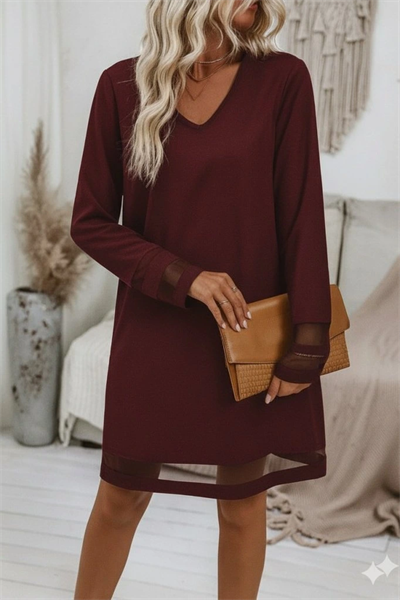 Kadın Uzun Kollu V Yakalı Tül şerit Detaylı Mini Krep Elbise