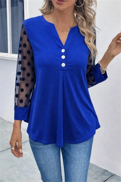 Kadın Uzun Kollu Yakadan Düğmeli Kolları Tül Detaylı Viskon Bluz