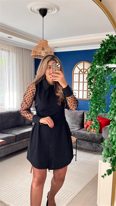 Kadın Uzun Kollu Yakalı Düğmeli Mini Ithal Krep Elbise