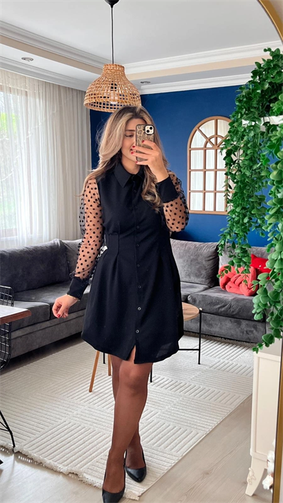 Kadın Uzun Kollu Yakalı Düğmeli Mini Ithal Krep Elbise