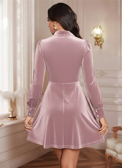 Kadın Uzun Kollu Yakalı Tül Detaylı Incili Mini Kadife Elbise