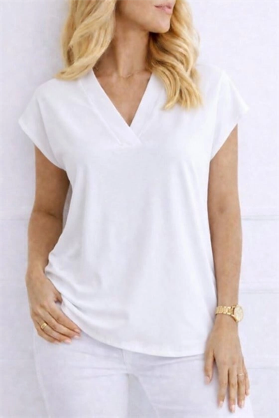 Kadın V Yaka Kısa Kol Dokuma Viskon Kumaş Bluz