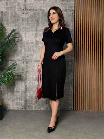 Kadın Yaka Ribanalı Çift Yırtmaçlı Elbise