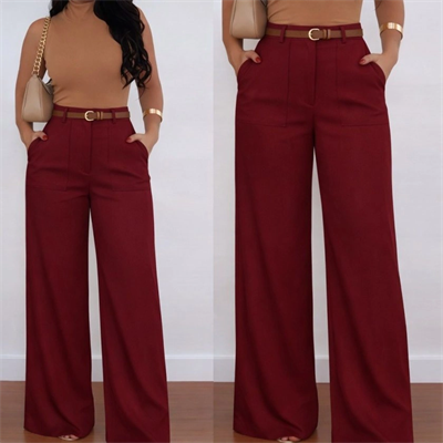 Kadın Yüksek Bel Geniş Paça Detaylı Cepli Ithal Krep Pantolon