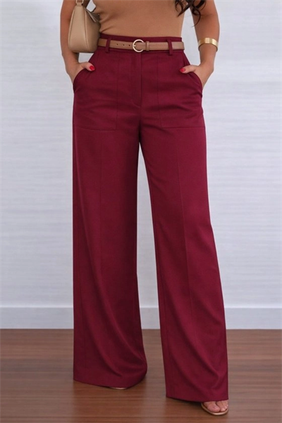 Kadın Yüksek Bel Geniş Paça Detaylı Cepli Ithal Krep Pantolon