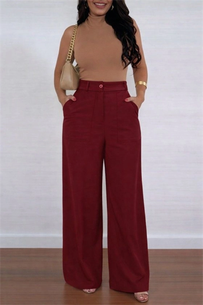 Kadın Yüksek Bel Geniş Paça Detaylı Cepli Ithal Krep Pantolon