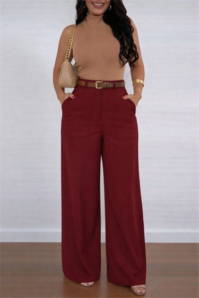 Kadın Yüksek Bel Geniş Paça Detaylı Cepli Ithal Krep Pantolon