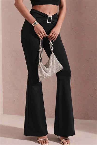 Kadın Yüksek Bel Tokalı Ispanyol Paçalı Dalgıç Pantolon