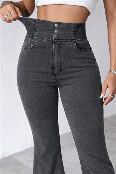 Kadın Yüksek Bel Yanları Lastik önü Düğmeli Kot Pantolon