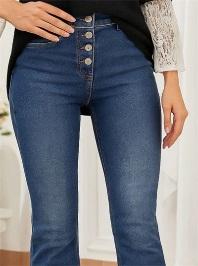 Kadın Yüksek Bel önden Düğmeli Cep Detay Ispanyol Paça Denim Pantolon