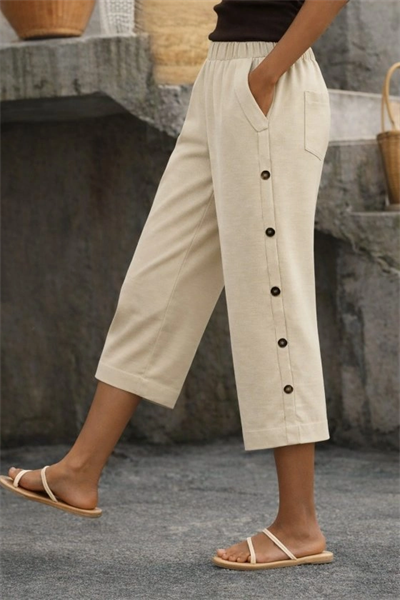Kadın Yüksel Bel Lastikli Yandan Dügme Detaylı Midi Pantolon