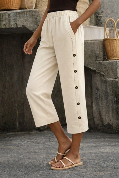 Kadın Yüksel Bel Lastikli Yandan Dügme Detaylı Midi Pantolon