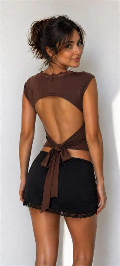 Kadın ön Arka Dantel Detay Kuşaklı Bluz