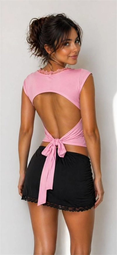 Kadın ön Arka Dantel Detay Kuşaklı Bluz