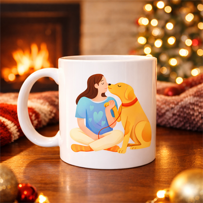 Kadın ve Köpek Figürlü Sevgi Temalı Porselen Kupa MODEL 78 – Hayvanseverlere Özel Anlamlı Tasarım Kahve Kupası