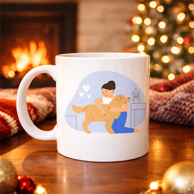 Kadın ve Köpek Figürlü Sevgi Temalı Porselen Kupa MODEL 79 – Hayvanseverlere Özel Anlamlı Tasarım Kahve Kupası