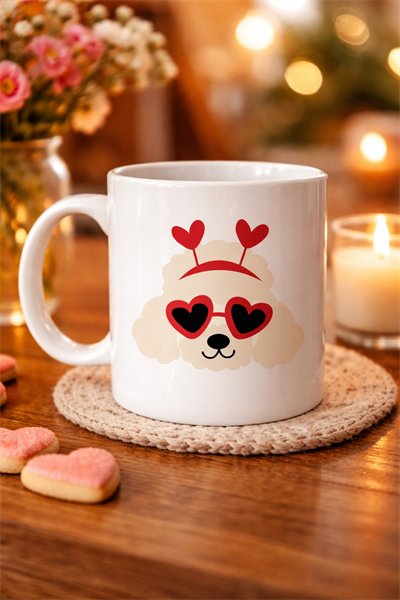 Kalpli Gözlü Sevimli Poodle (Kaniş) Tasarımlı Porselen Kupa Model 51 – Aşk Dolu, Tatlı ve Eğlenceli Hediye