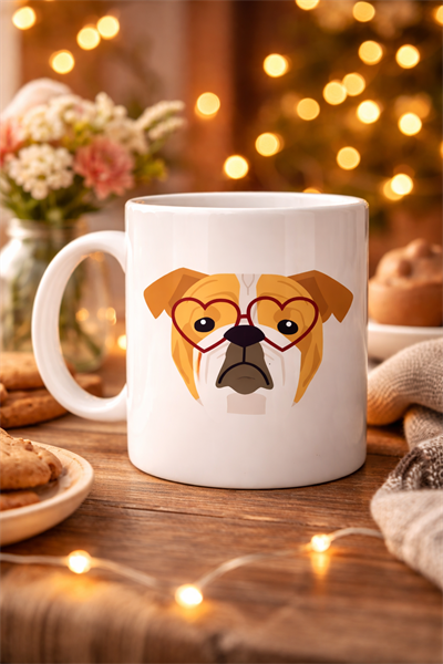 Kalpli Gözlüklü İngiliz Bulldog Tasarımlı Porselen Kupa Model 52 – Sevimli Köpek Desenli Kahve & Çay Kupası