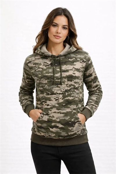 Kamuflaj Desenli 2 İplik 4 Mevsim Kapüşonlu Kanguru Cepli Hoodie Sweatshirt - Kamuflaj