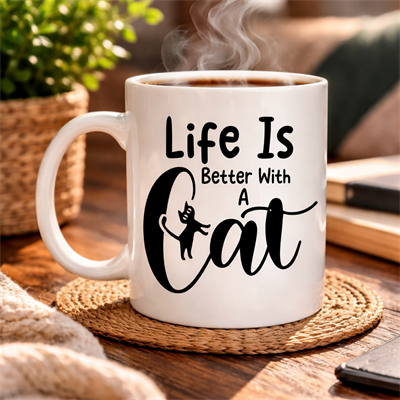 Kedi Severlere Özel “Life Is Better With A Cat” Kupa MODEL 181 – Sevimli Kedi Tasarımlı Porselen Kahve Kupası – Hediyelik Kupa