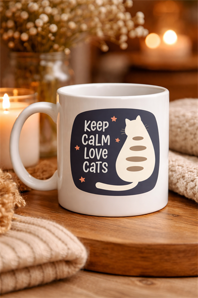 Keep Calm Love Cats Kedi Temalı Porselen Kupa MODEL 56 – Sevimli Tasarım , Kahve & Çay Kupası