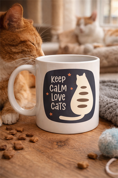 Keep Calm Love Cats Kedi Temalı Porselen Kupa MODEL 56 – Sevimli Tasarım , Kahve & Çay Kupası