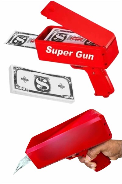Kırmızı Parti Oyuncağı Para Saçma Fırlatma Tabancası Makinesi Super Money