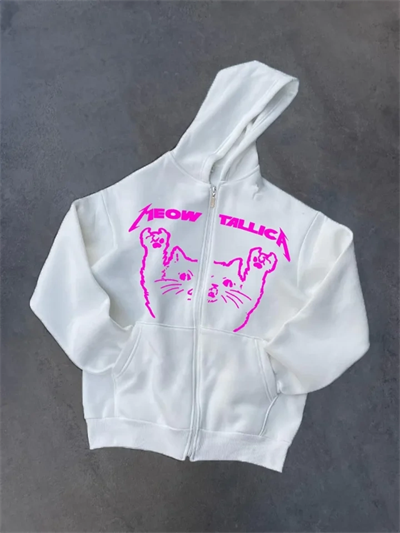 Kışlık Baskılı Fermuarlı Kapüşonlu Hırka - Beyaz