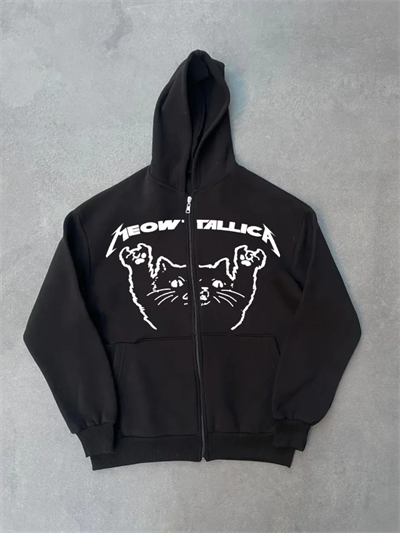 Kışlık Baskılı Fermuarlı Kapüşonlu Hırka - Siyah