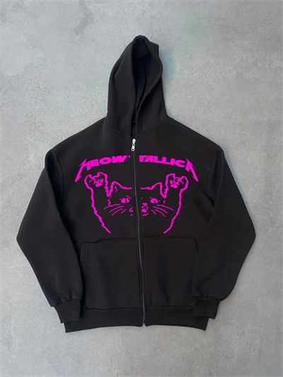 Kışlık Baskılı Fermuarlı Kapüşonlu Hırka - Siyah