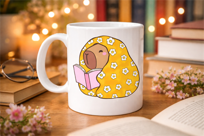 Kitap Okuyan Kapibara Desenli Porselen Kupa MODEL 102 – Sıcacık Tasarım , Kahve & Çay Kupası , Kitap Severlere Özel Hediyelik