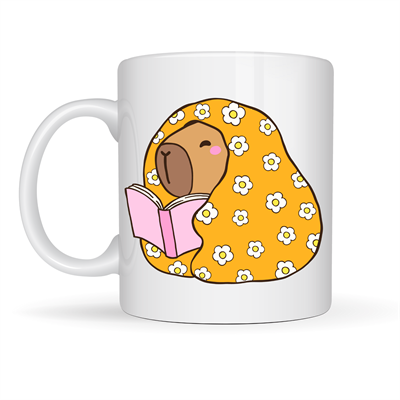 Kitap Okuyan Kapibara Desenli Porselen Kupa MODEL 102 – Sıcacık Tasarım , Kahve & Çay Kupası , Kitap Severlere Özel Hediyelik