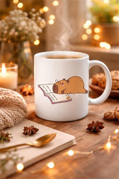 Kitap Okuyan Kapibara Tasarımlı Porselen Kupa MODEL 99 – Sıcacık Kahve Keyfi İçin Sevimli Tasarım