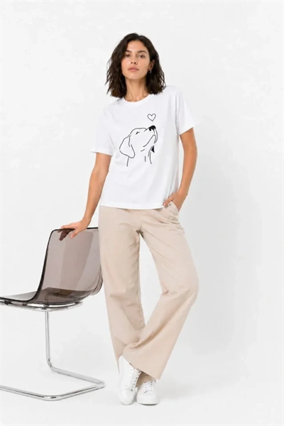 Köpek Figürlü Minimal Baskılı Tişört Kısa Kol Yazlık T-Shirt - Beyaz