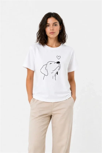Köpek Figürlü Minimal Baskılı Tişört Kısa Kol Yazlık T-Shirt - Beyaz