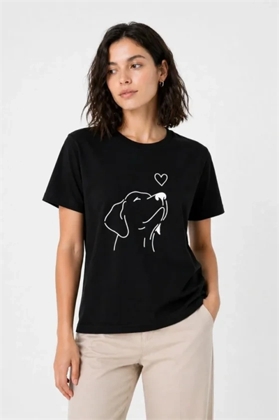 Köpek Figürlü Minimal Baskılı Tişört Kısa Kol Yazlık T-Shirt - Siyah