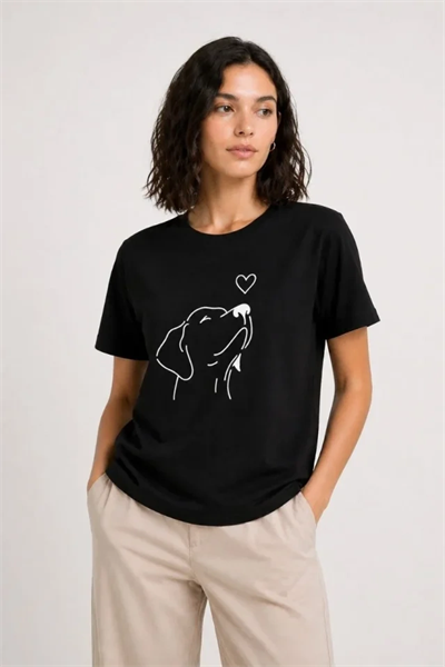 Köpek Figürlü Minimal Baskılı Tişört Kısa Kol Yazlık T-Shirt - Siyah