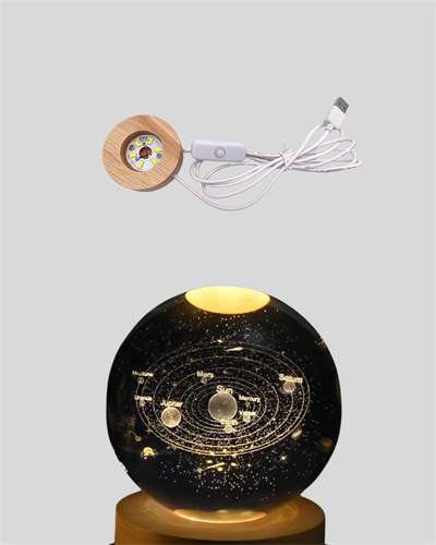 Kristal Gezegen Küre Ahşap Tabanlı USB Işıklı Gece Lambası