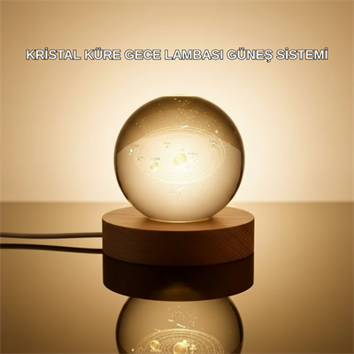 Kristal Gezegen Küre Ahşap Tabanlı USB Işıklı Gece Lambası