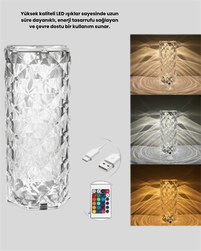 Kristal RGB LED’li Kumandalı Masa ve Gece Lambası – Renkli Işık Modlarıyla Şık Dekoratif Aydınlatma