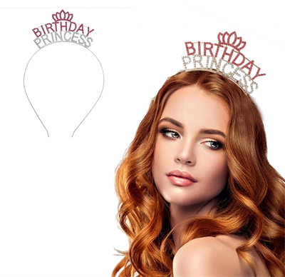 Kristal Taşlı Birthday Princess Yazılı Parti Tacı Pembe Renk