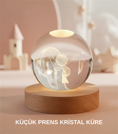 Küçük Prens Figürlü 3D Kristal Top Sıcak Işıklı USB Ahşap Tabanlı Dekor Lamba