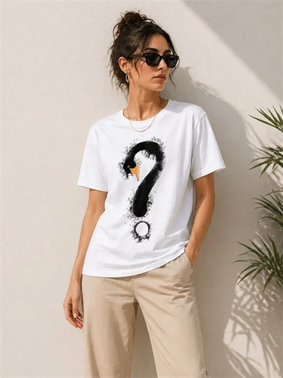 Kuğu Figürlü Soru İşareti Baskılı Tişört Kısa Kol T-Shirt - Beyaz