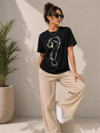 Kuğu Figürlü Soru İşareti Baskılı Tişört Kısa Kol T-Shirt - Siyah